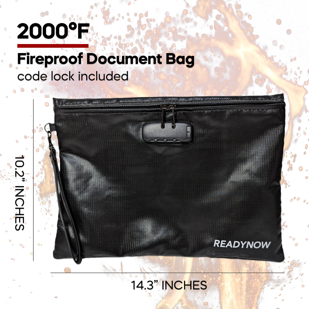 Fireproof Document Bag with Lock, A4 14.3x10.2 inches, Zipper Pouch for Documents, Phone, Cash, Cards, Passport, Waterproof, Anti-Theft, Fireproof