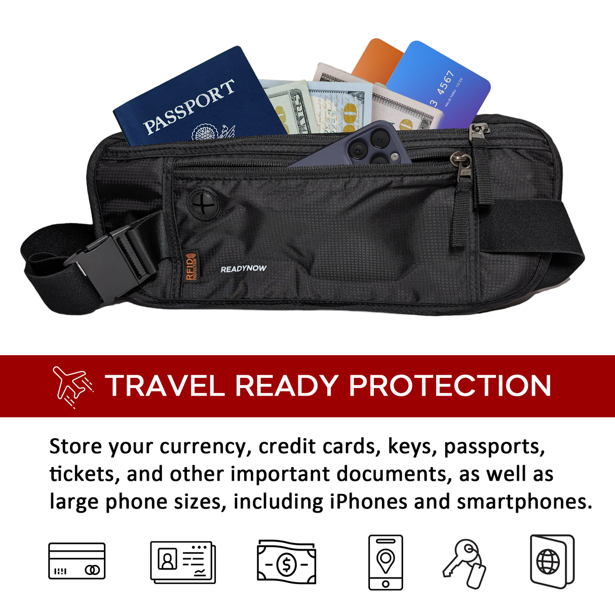 Travel Money Belt with RFID Blocking - Hidden Waist Passport Holder Wallet Pouch for Cash, Phone, Credit Cards, and Documents Protection